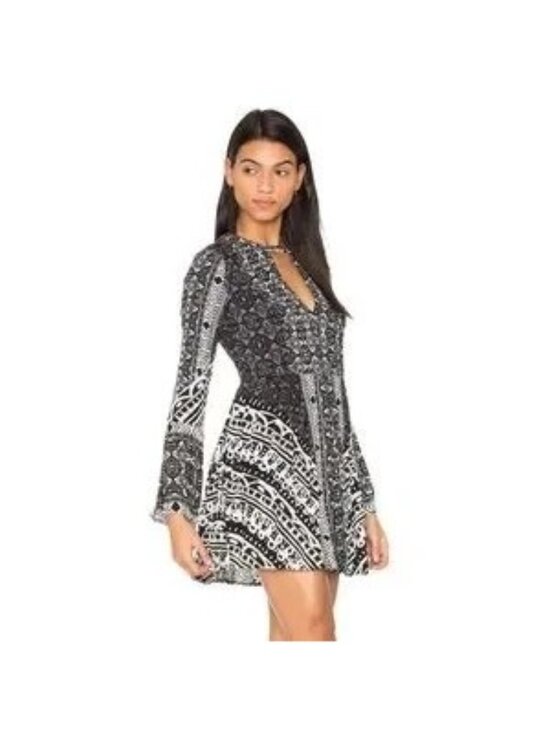 Free People Tegan Black Borders Keyhole Long Sleeve Mini Dress - Picture 2 of 8